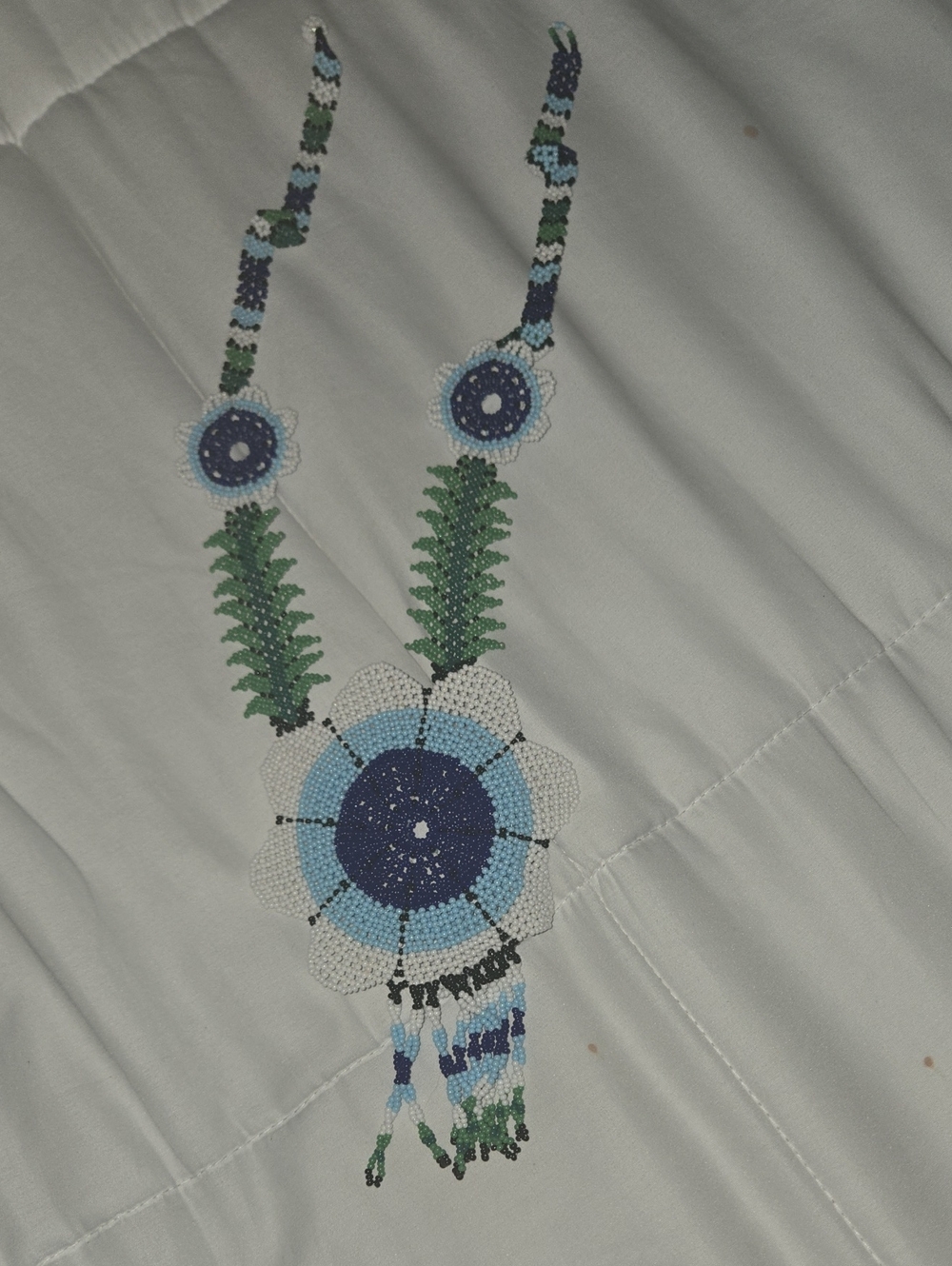 Handmade Beaded Floral Necklace in Blue, White & Green
